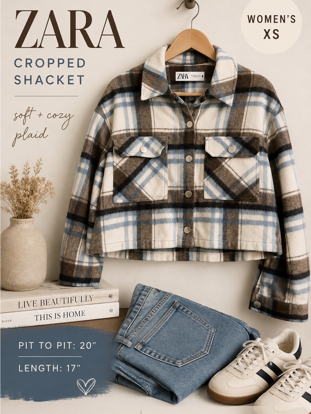 Zara Plaid Cropped Shacket Jacket Blue Brown Cream Women’s XS